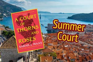 Summarized text: Book cover "A Court of Thorns and Roses" by Sarah J. Maas next to text that reads "Summer Court" overlaid on a coastal city.