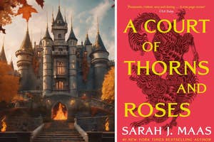 A castle in an autumn wood and the book cover of "A Court of Thorns and Roses" by Sarah J. Maas, featuring ornate thorn designs around the title