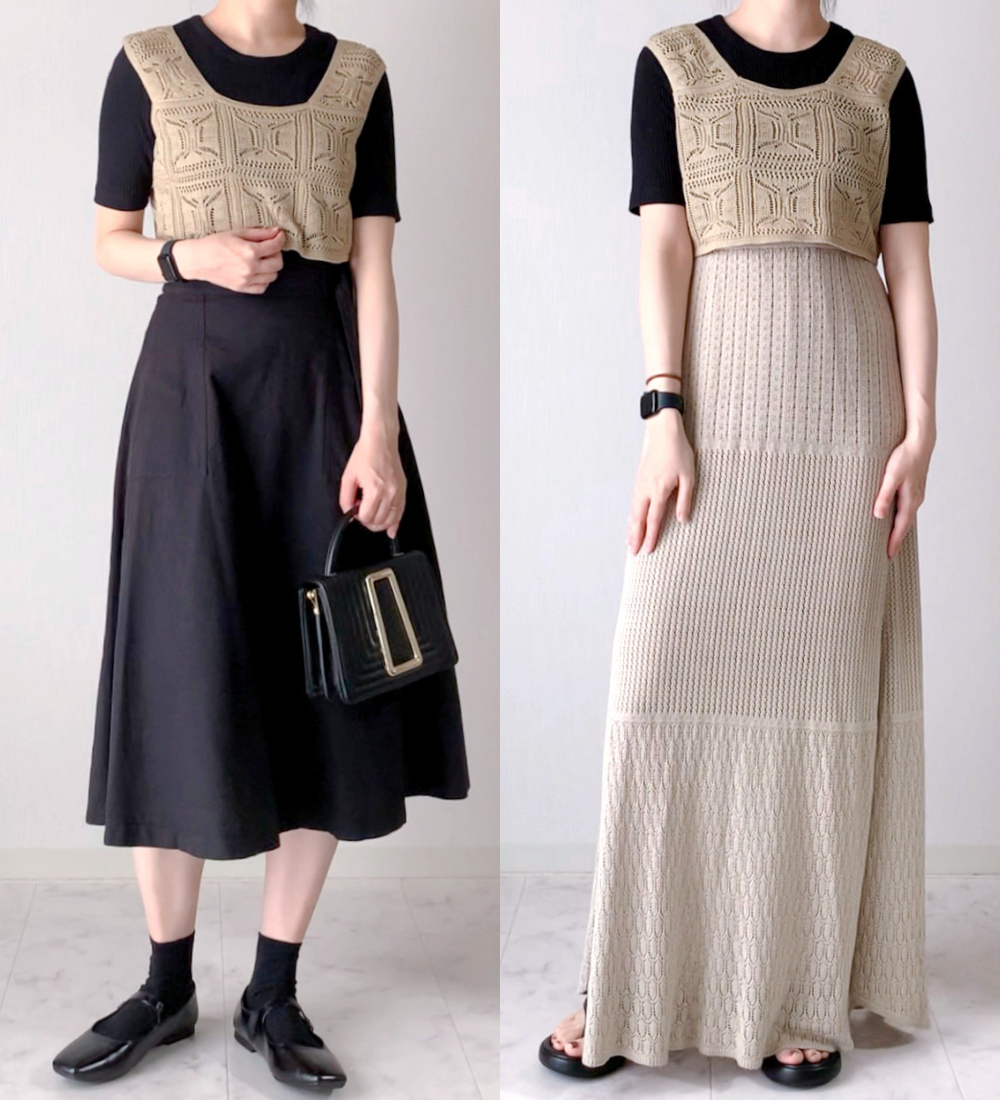 しまむらのおすすめファッションアイテム「2セットYUMビスチェ+Tシャツセット」のコーディネート