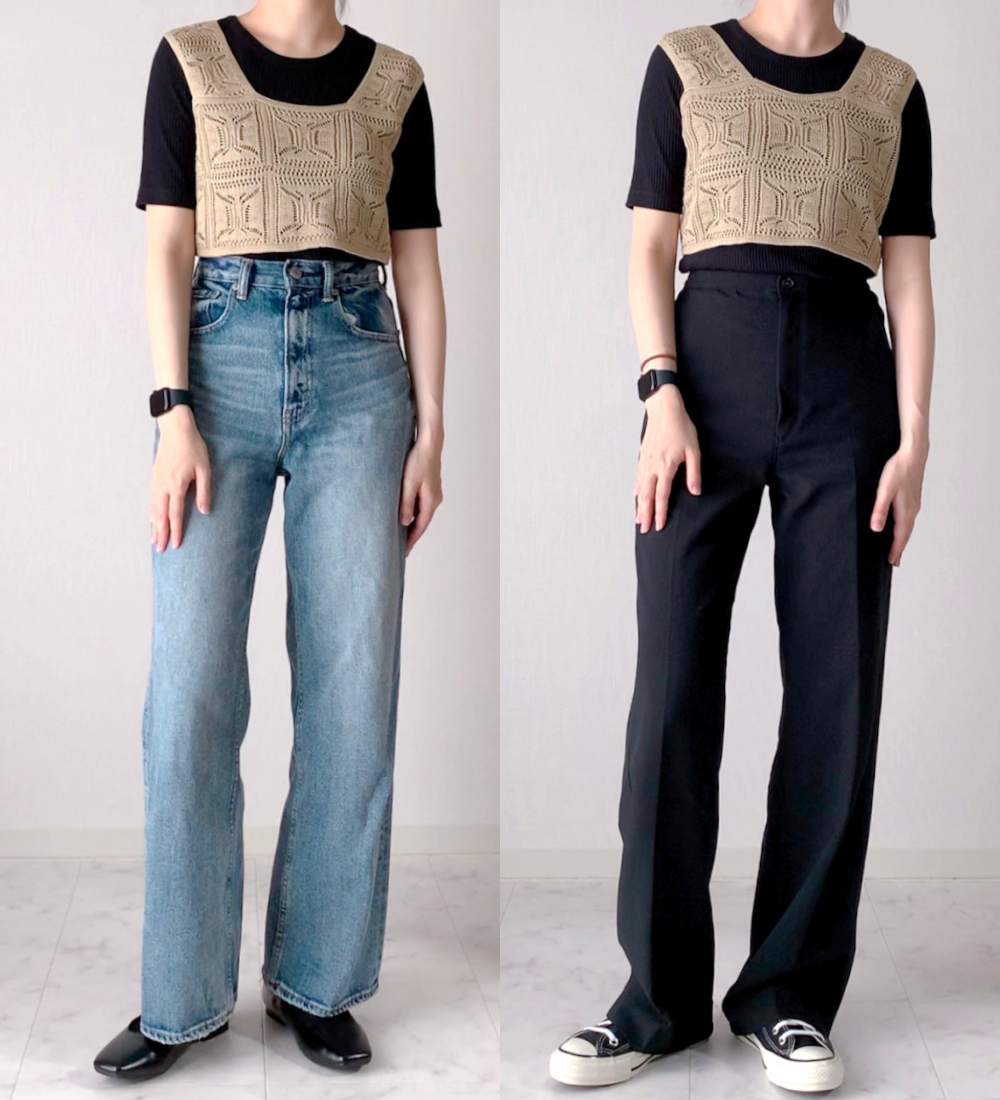 しまむらのおすすめファッションアイテム「2セットYUMビスチェ+Tシャツセット」のコーディネート