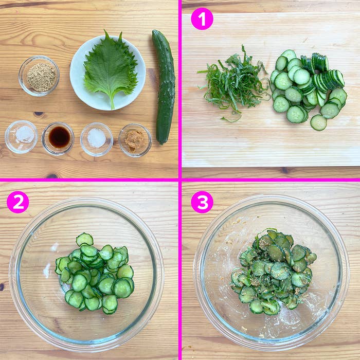 キュウリのスライスと調味料が並ぶ台所の作業台、そして調理の進行状況を示す4枚の画像。