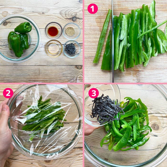 料理の手順を説明する画像。ピーマンと調味料、ピーマンが切られてボウルに入り、海苔が加えられる。