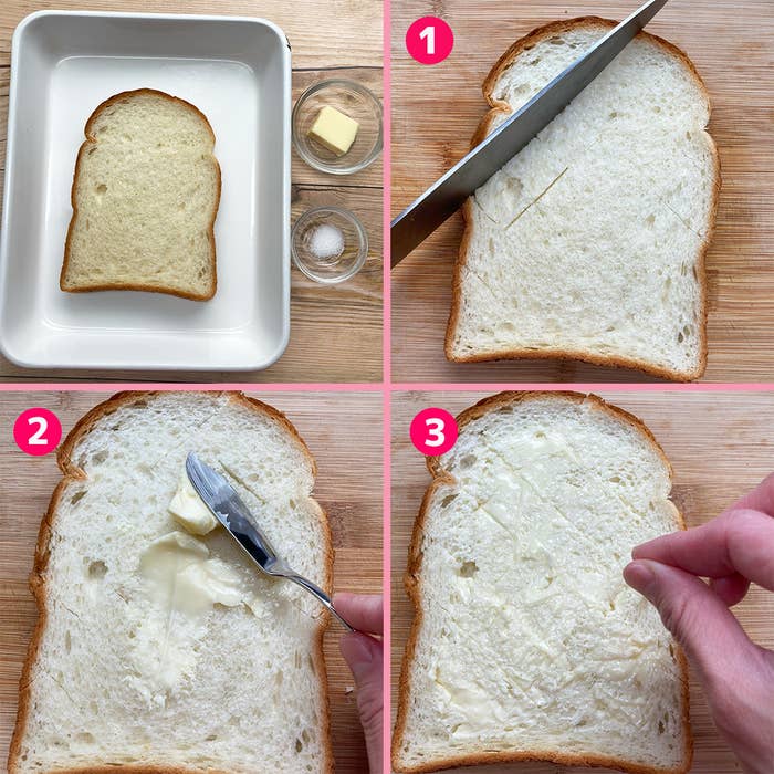 パンにバターを塗る手順を示す4コマの画像です。