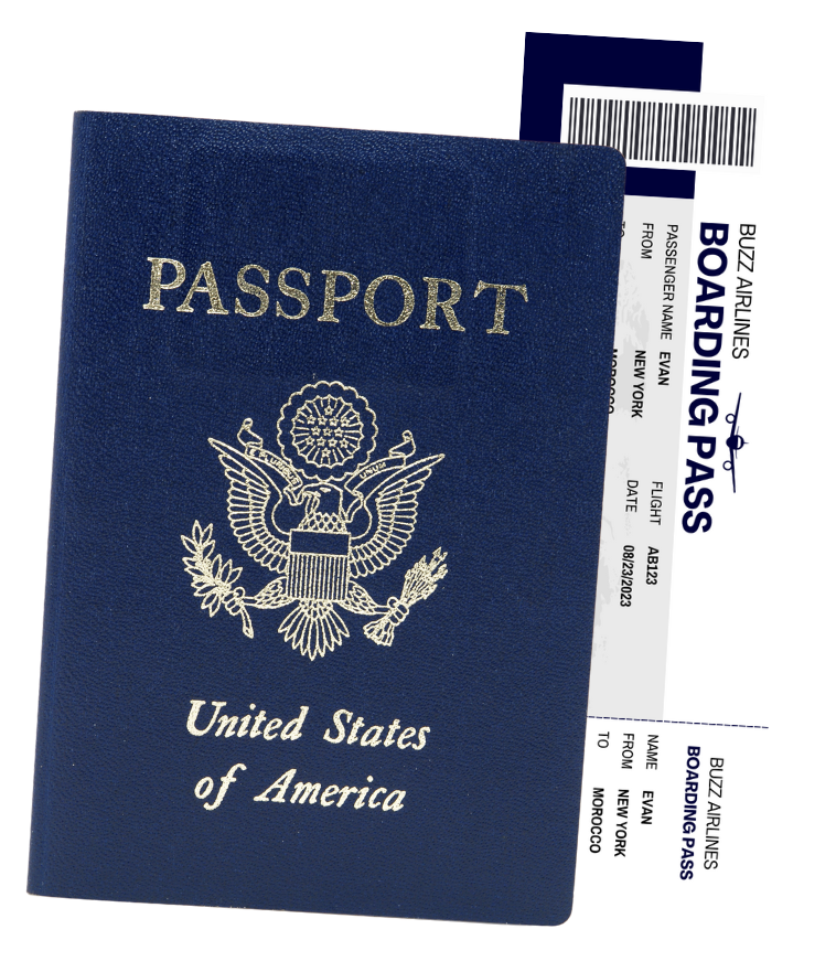 A U.S. passport with a boarding pass tucked inside, symbolizing travel preparation