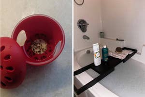 Left: Spilled container with objects inside. Right: Bathroom shelf with personal care products