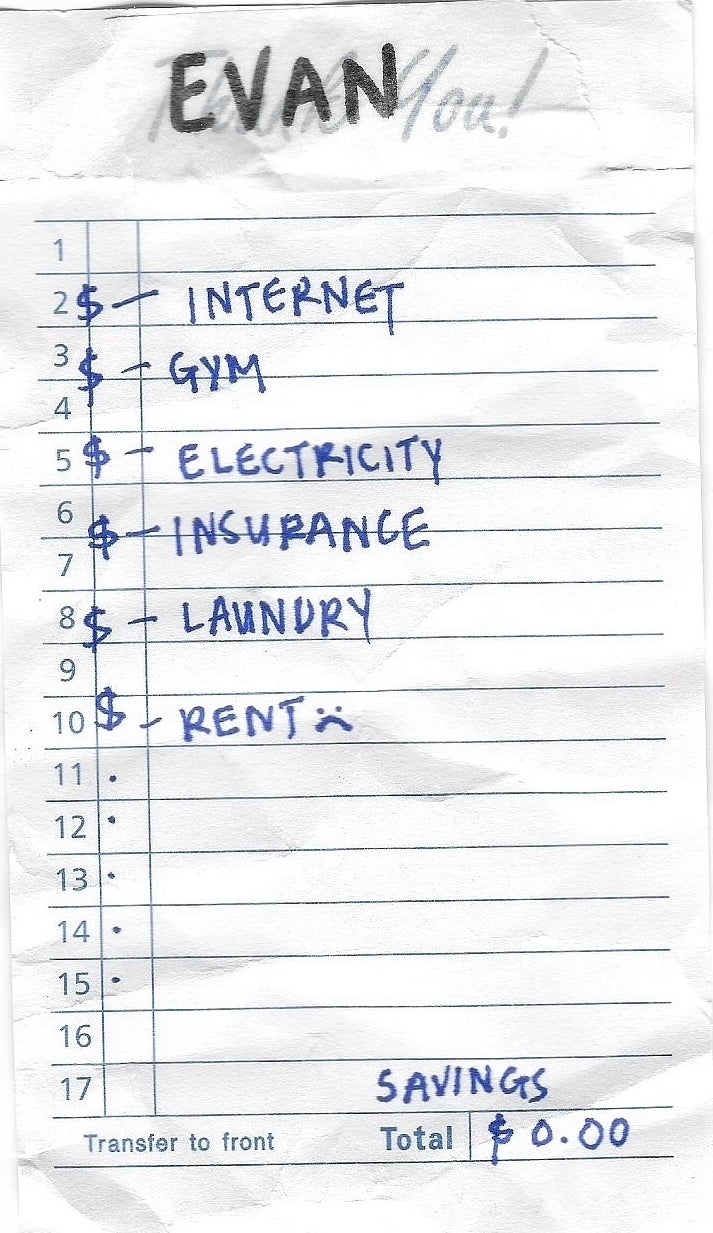 Handwritten budget list with items like gym, electricity, and rent, labeled "EVAN," totaling in savings of $0.00