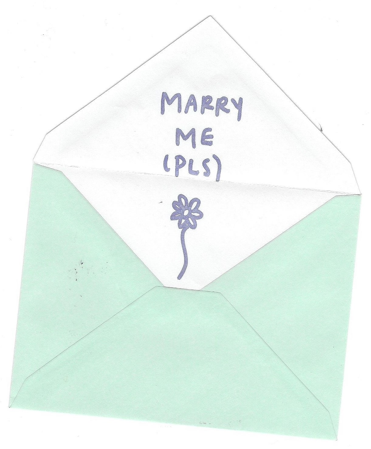 Envelope with handwritten "MARRY ME (PLS)" and a flower doodle