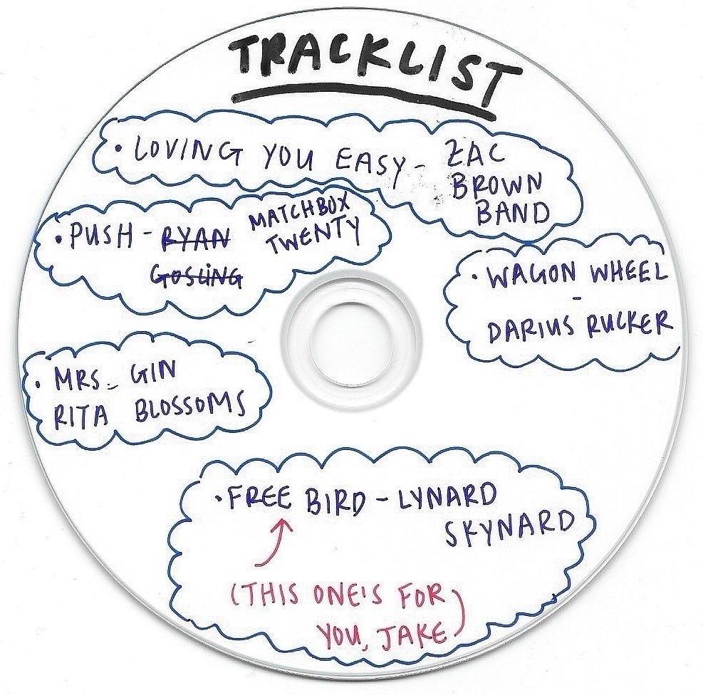 Handwritten tracklist on a blank CD, including songs by Zac Brown Band and Lynyrd Skynyrd