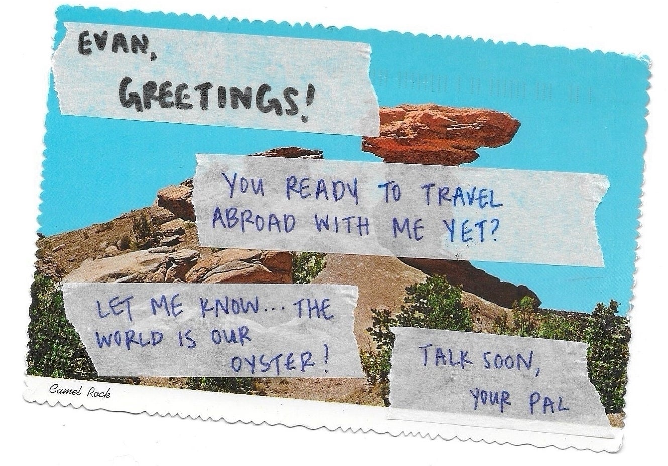 Postcard with handwritten message offering travel, implying flexible work or investment opportunities