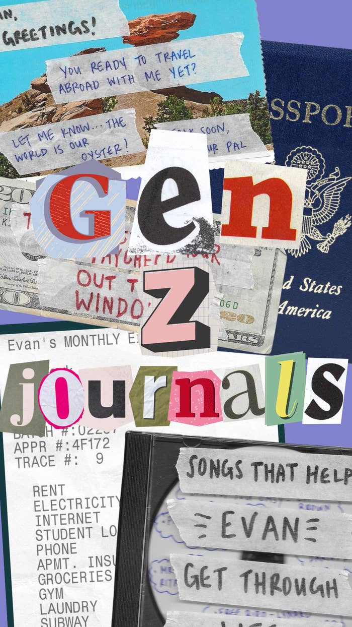 Assorted cutout images and text forming a collage with words related to travel, daily life, and "journals" prominently displayed
