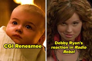 Baby with CGI effects next to Debby Ryan in character with a smirk from Radio Rebel