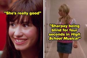 Demi Lovato smiling; Ashley Tisdale as Sharpay in High School Musical with text describing a scene