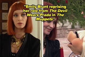 Emily Blunt with red hair next to Miss Piggy, referencing The Devil Wears Prada for The Muppets