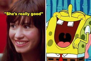 Split-screen of Rachel Berry from Glee smiling, and SpongeBob with a surprised expression with text "She's really good."