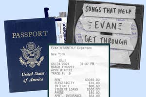 Collage of items: US passport, boarding pass, expense receipt, and mixtape titled 'Songs that Help Get Through'