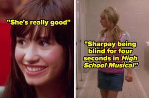 Demi Lovato smiling; Ashley Tisdale as Sharpay in High School Musical with text describing a scene