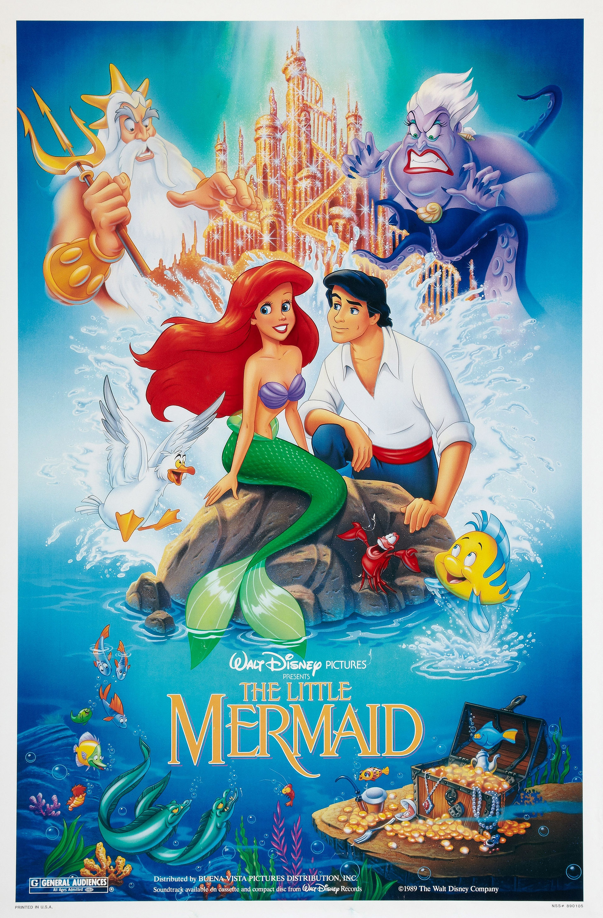 Movie poster of &quot;The Little Mermaid&quot; with Ariel, Flounder, Sebastian, Ursula, Triton, and Prince Eric