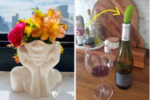 Two-part image: left shows a vase shaped like a bust with flowers, right shows a bottle of wine with a wine glass, both on a kitchen counter