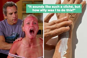 Two-part image: Left shows a distressed woman with cream on her face; right shows hands applying lotion on an arm. Text: "It sounds like such a cliché, but how silly was I to do this?"