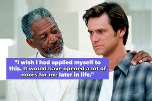 Two actors, Morgan Freeman and Jim Carrey, in a scene from the film "Bruce Almighty". Freeman in a white suit, Carrey wearing a striped shirt