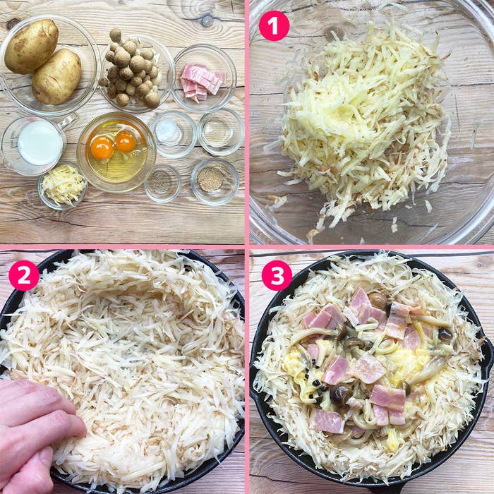 レシピのステップを示す4枚の画像。じゃがいもやその他の材料の準備から、グラタン皿に材料を重ねる様子まで。