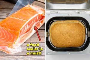 Vacuum-sealed salmon filet alongside text "a food sealer is a must!" and a loaf of bread in a bread machine