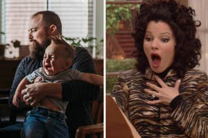 Two separate images: Left shows a man holding a crying baby. Right is a character reacting in shock