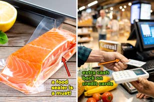 Two images displaying a vacuum-sealed salmon fillet and a person receiving cashback at a grocery checkout