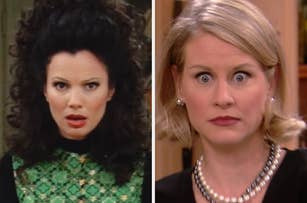 Split screen of The Nanny character in patterned blouse and another nanny character with pearl necklace