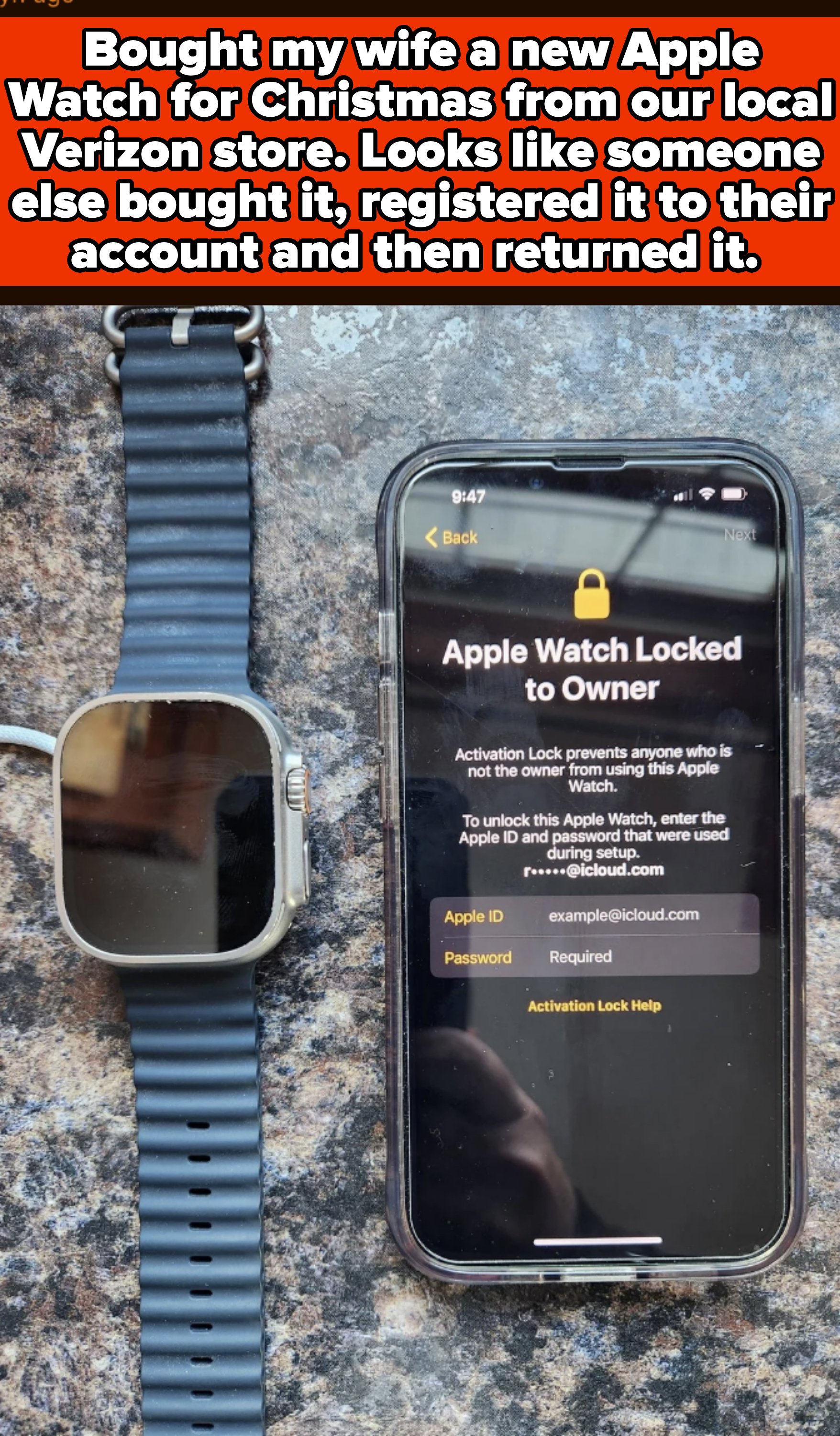Sunglasses, watch and a phone displaying an "Activation Lock" message on a stone surface