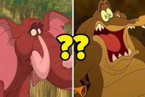 Tantor the elephant looks confused while King Louie the orangutan appears to sing joyfully
