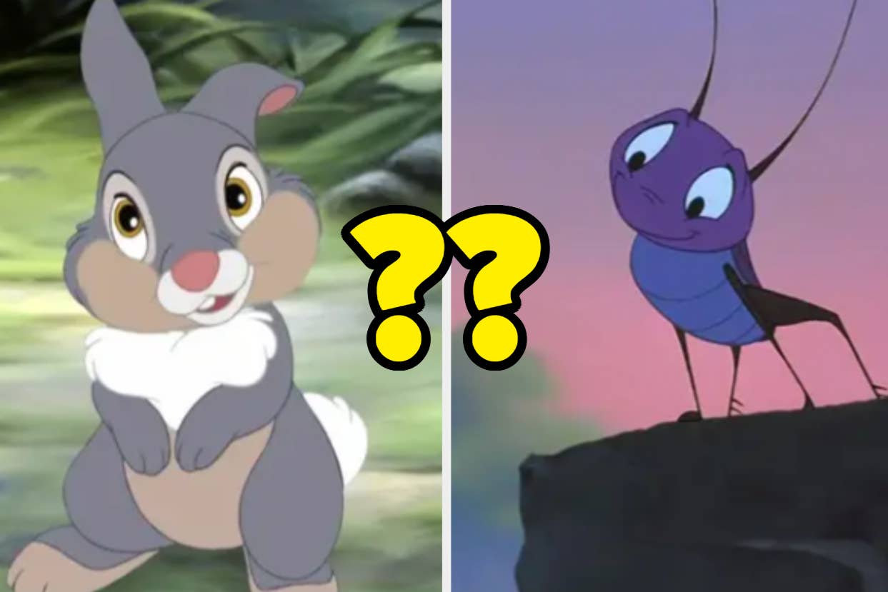 Thumper from "Bambi" and Flik from "A Bug's Life" are juxtaposed with question marks between them