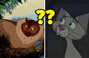 Animated characters, Owl and Duchess, appear puzzled in separate scenes from Disney's "The Aristocats."