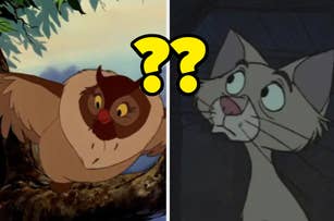 Animated characters, Owl and Duchess, appear puzzled in separate scenes from Disney's "The Aristocats."