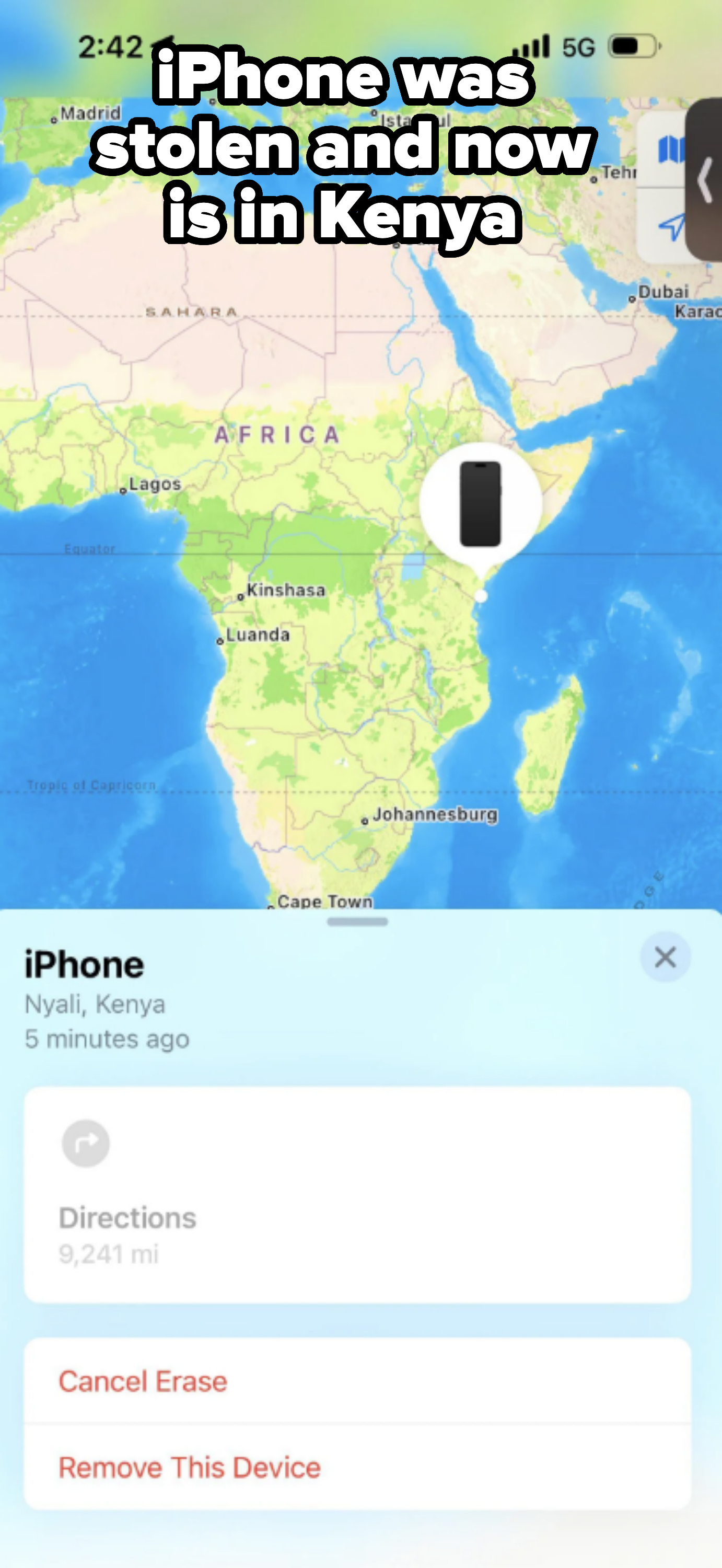 Screenshot of a map on an iPhone showing a location indicator in Kenya, with a pop-up for device options