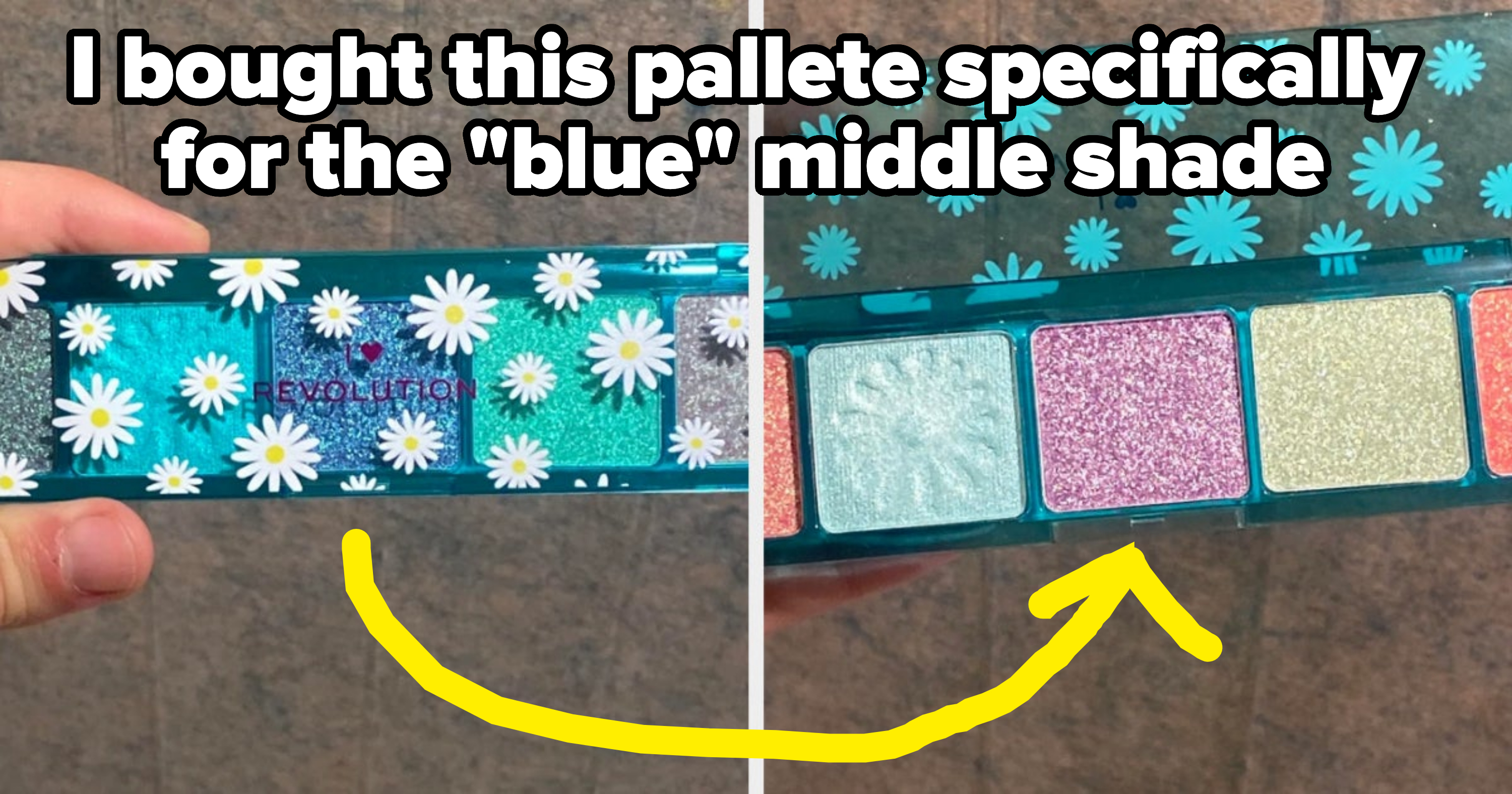 Hand holding an open eyeshadow palette with floral design and six shimmery shades
