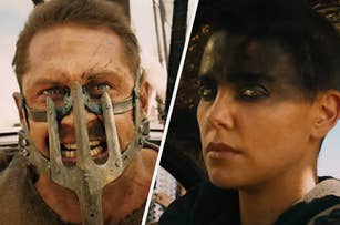 Split image of two Mad Max characters, one wearing a metal face mask, the other with dark eye makeup