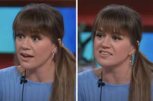 Woman with long earring on a talk show, expressive, wearing a ribbed top