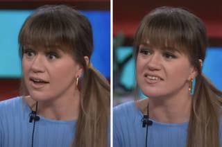 Woman with long earring on a talk show, expressive, wearing a ribbed top