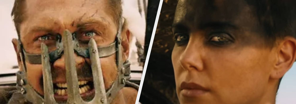 Split image of two Mad Max characters, one wearing a metal face mask, the other with dark eye makeup