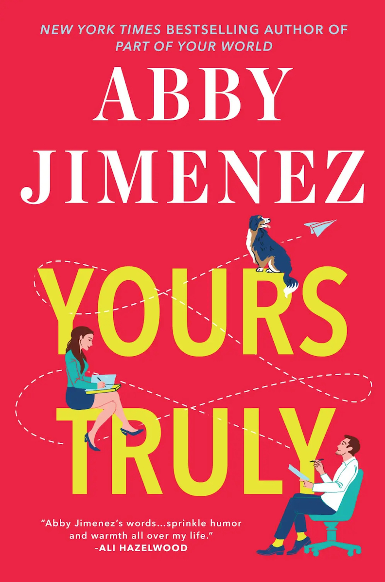 Book cover for "Yours Truly" by Abby Jimenez featuring illustrated characters in a whimsical art style