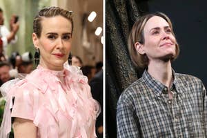 Sarah Paulson in a pink ruffled outfit on the left; casual in plaid on the right
