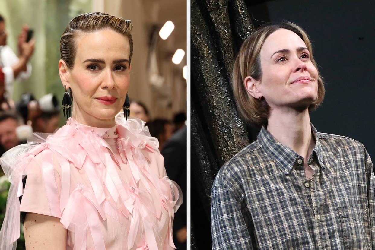 Sarah Paulson in a pink ruffled outfit on the left; casual in plaid on the right