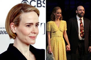 Side-by-side images of actress Sarah Paulson in two different outfits, one in formal attire with a bow accessory, and one in a plaid shirt