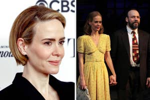 Split image: Left-Sarah Paulson in black outfit. Right-Sarah Paulson in patterned dress holding hand with man on stage