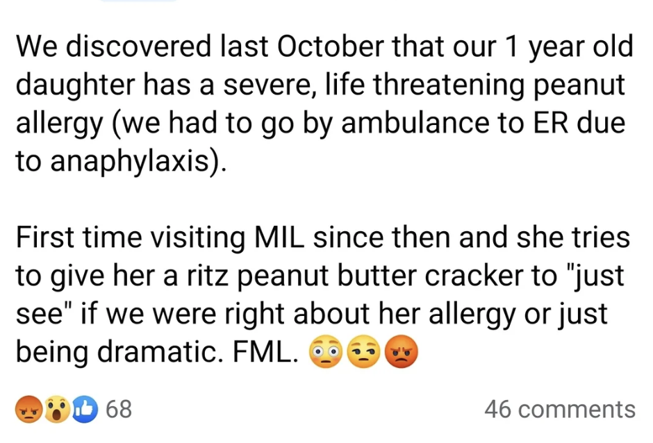 Post sharing a personal story about a child's severe peanut allergy and a concerning incident with a relative