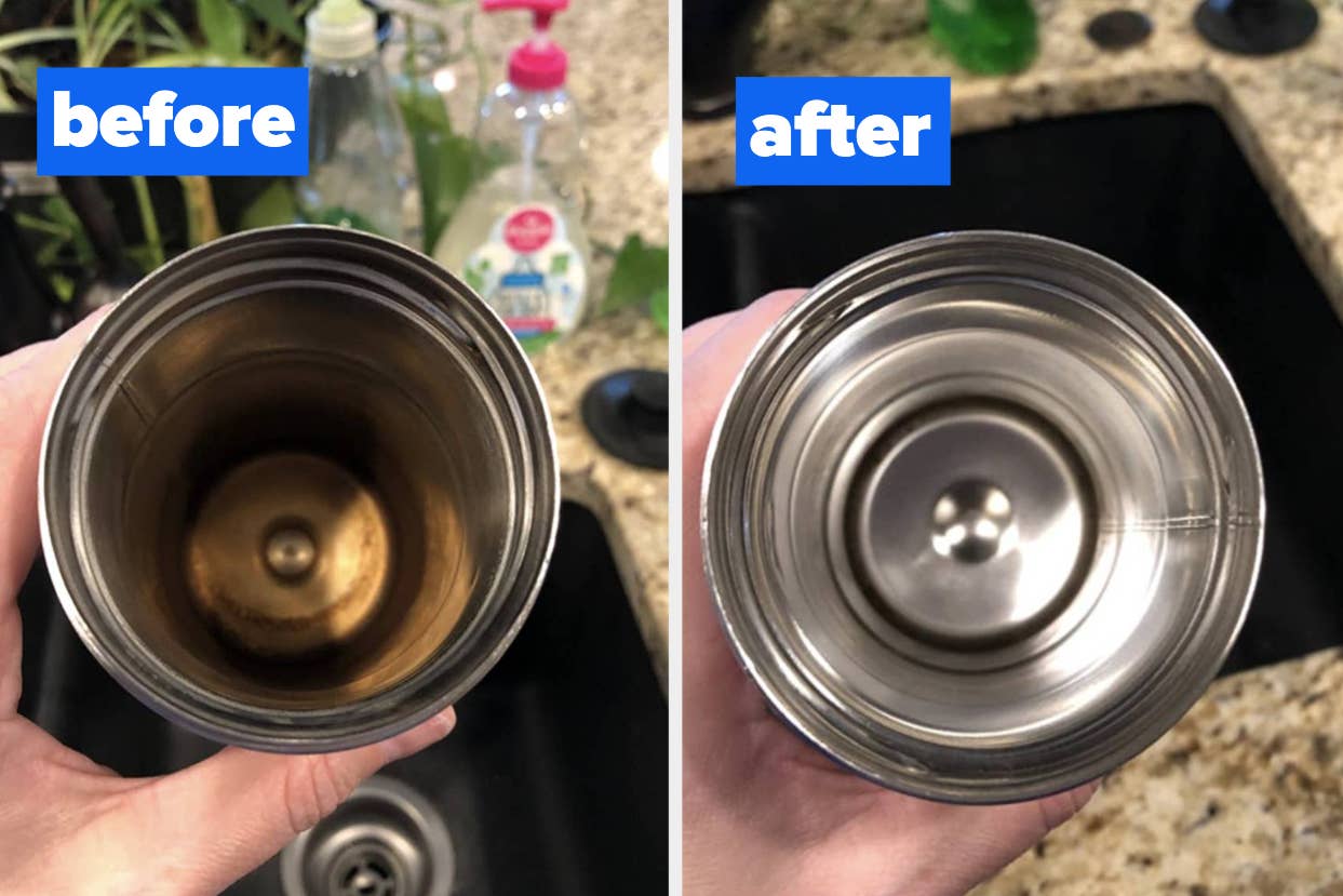 Before and after comparison of a cleaned stainless steel mug