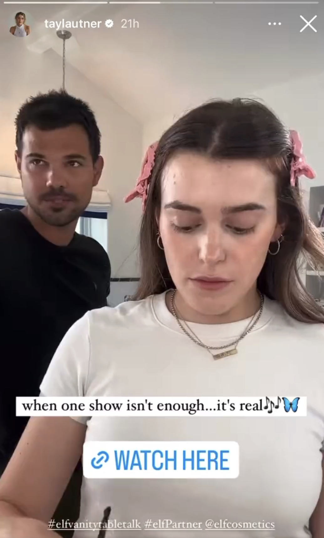 Taylor Lautner and Tay Lautner in a screenshot captioned, &quot;when one show isn't enough, it's real&quot;