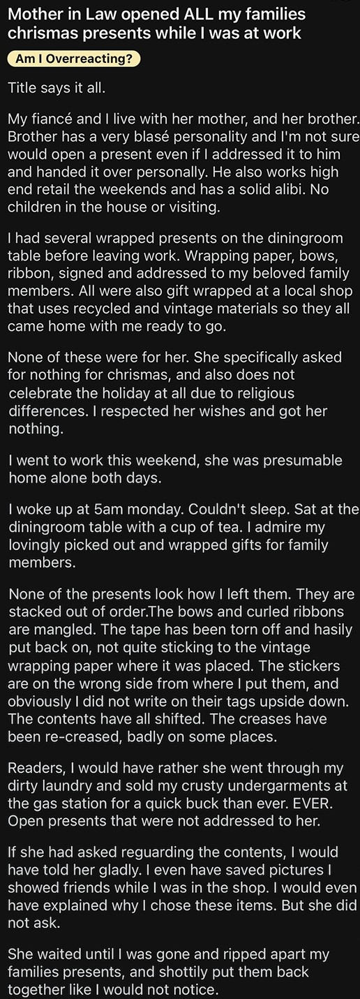 Image summarizing a text post about a person's mother-in-law opening all their Christmas presents while they were at work
