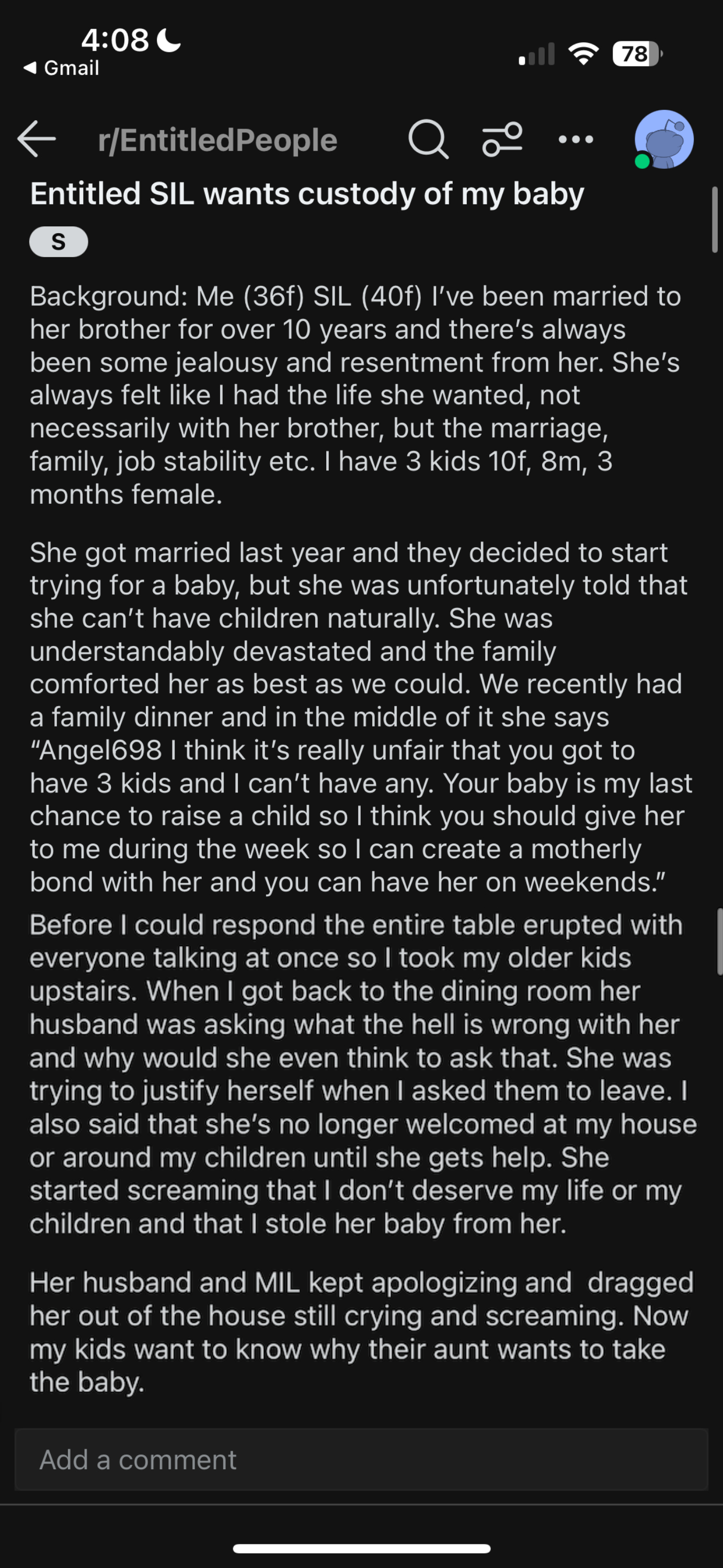 Image contains a screenshot of a text post from a social networking platform discussing a family dispute over child custody